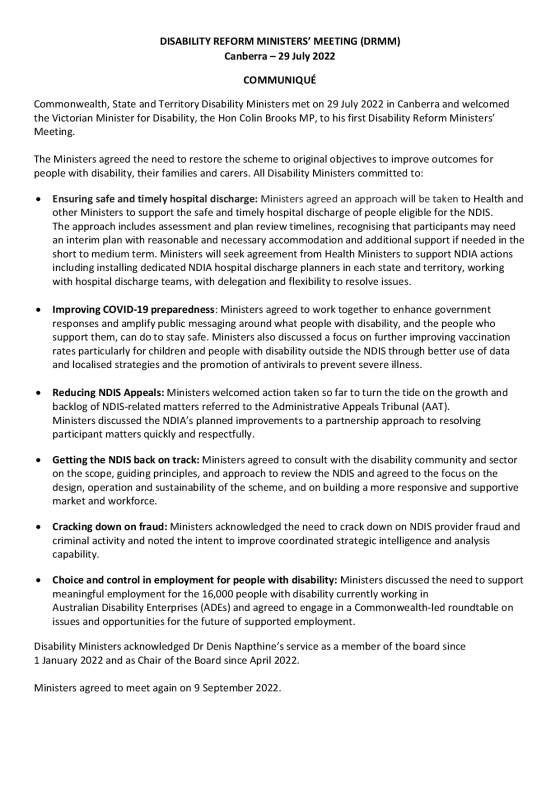 Disability Reform Ministers’ Meeting (DRMM) communique – 29 July 2022 cover page