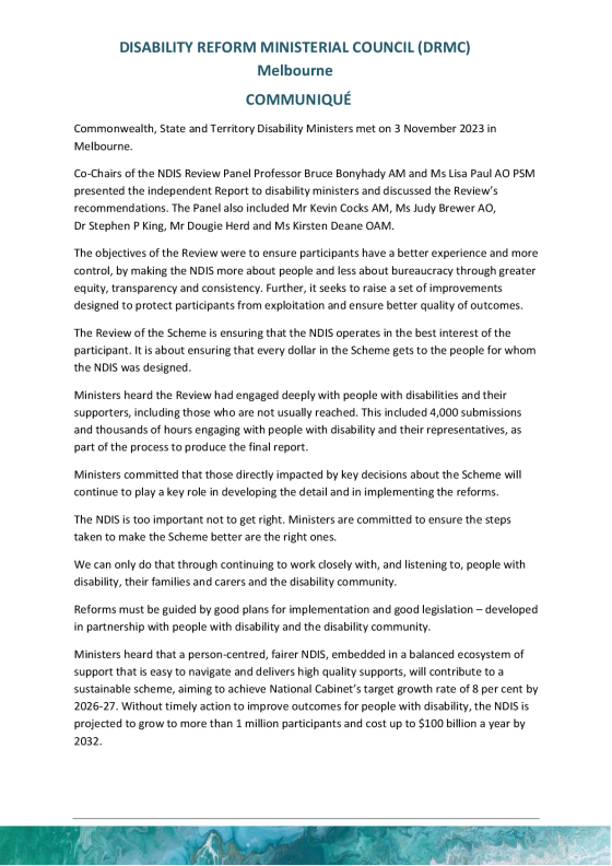 Disability Reform Ministers’ Meeting (DRMM) communique – 3 November 2023 cover page