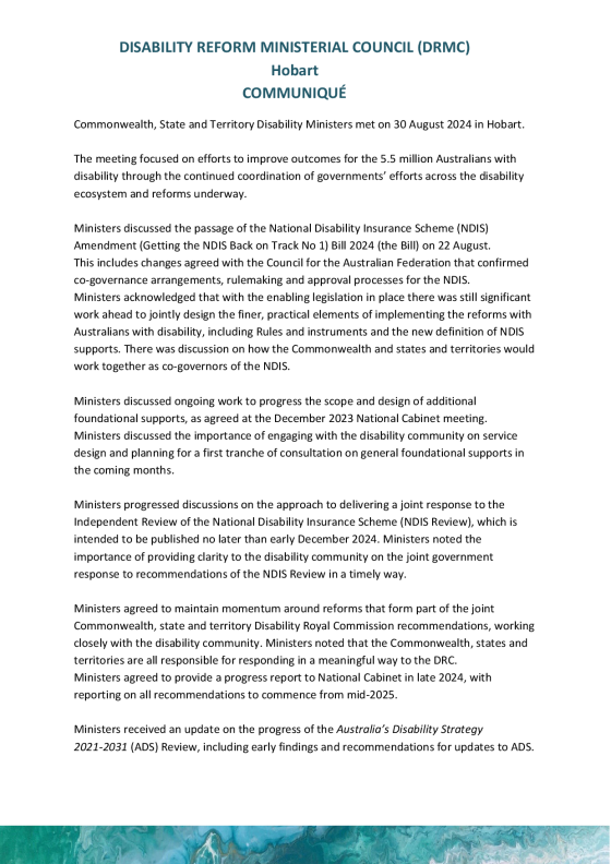 Disability Reform Ministers’ Meeting (DRMM) communique – 30 August 2024 cover page