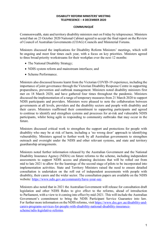 Disability Reform Ministers’ Meeting (DRMM) communique – 4 December 2020