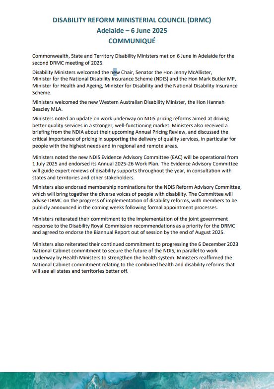 Disability Reform Ministerial Council communique 6 June 2025 cover image