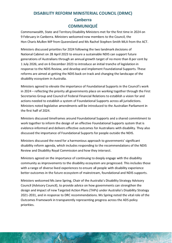 Disability Reform Ministers’ Meeting (DRMM) communique – 9 February 2024 cover page