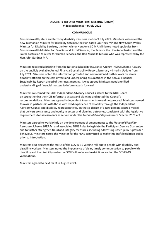 Disability Reform Ministers’ Meeting (DRMM) communique – 9 July 2021 cover page