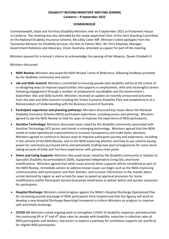 Disability Reform Ministers’ Meeting (DRMM) communique – 9 September 2022  cover page