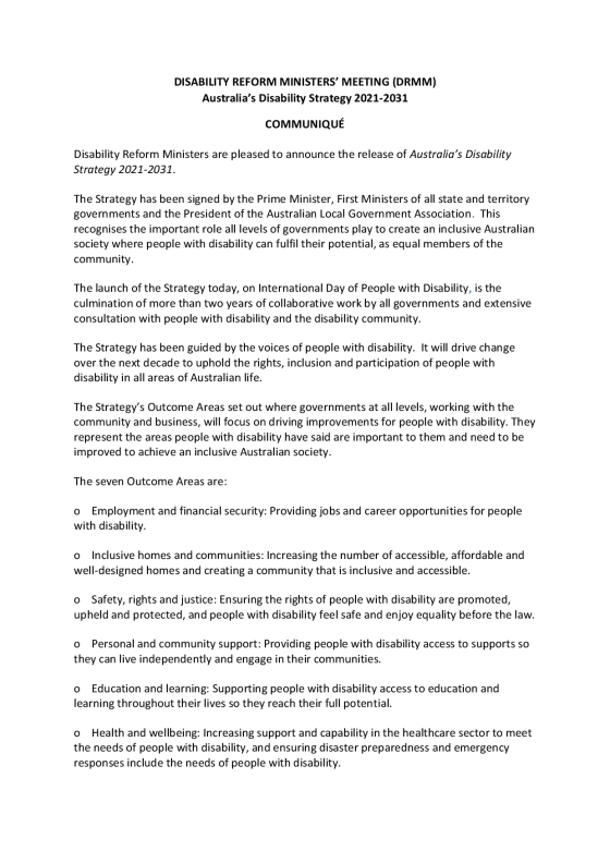 Australia’s Disability Strategy 2021-2031 Communique cover page