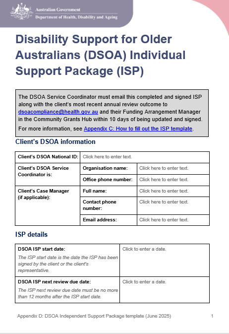 DSOA Program manual – Appendix D – Individual Support Package (ISP) template cover page
