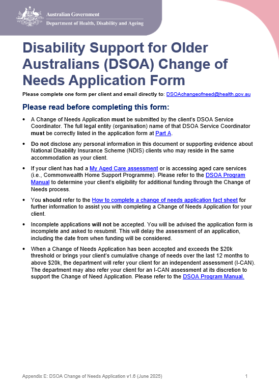 DSOA Program manual – Appendix E – Change of Needs Application Form cover page