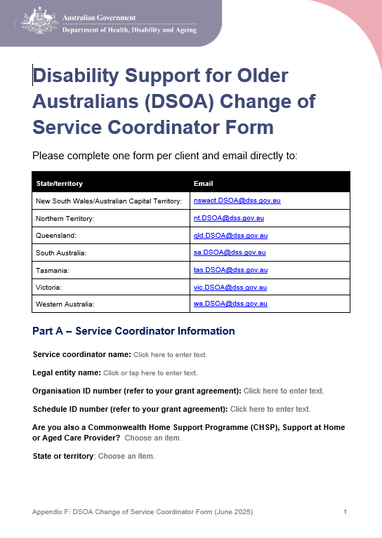 DSOA Program manual – Appendix F – Change of Service Coordinator form cover page