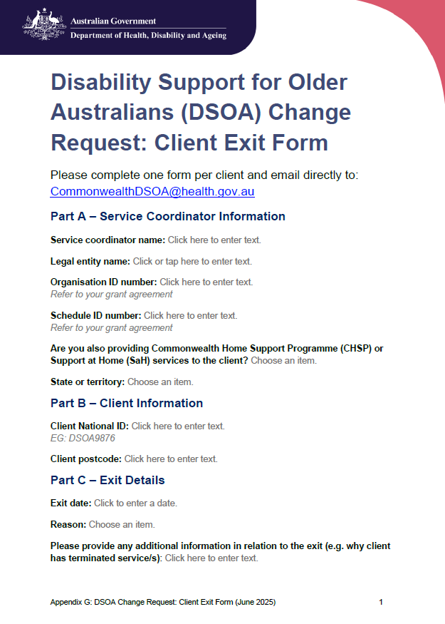 DSOA Program manual – Appendix G – Change request: client exit form (July 2025)