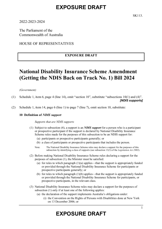 Exposure draft – National Disability Insurance Scheme Amendment (Getting the NDIS Back on Track No. 1) Bill 2024 cover page
