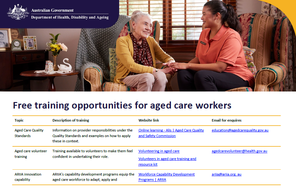 Cover page for the Free training opportunities for aged care workers (July update)