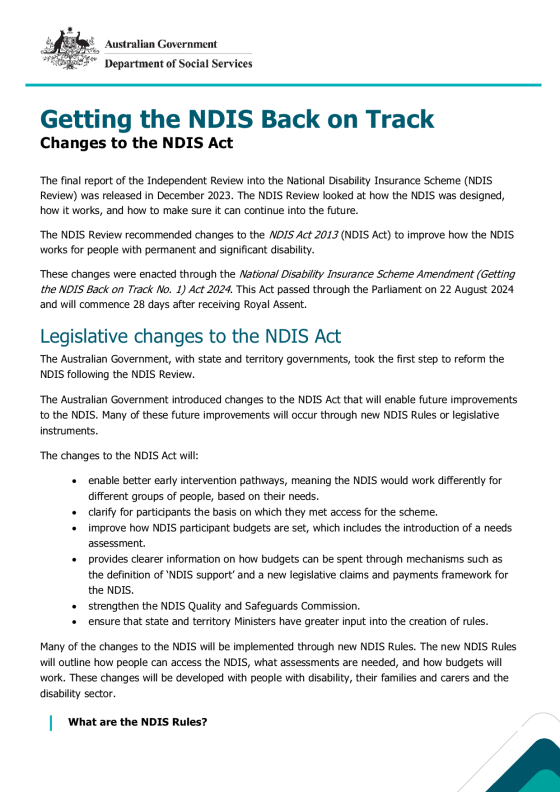 Getting the NDIS Back on Track – Changes to the NDIS Act cover page