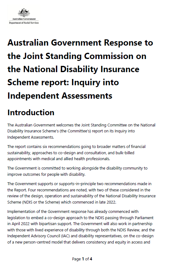 Government response to inquiry – Joint Standing Commission on the NDIS report: Inquiry into Independent Assessments cover page
