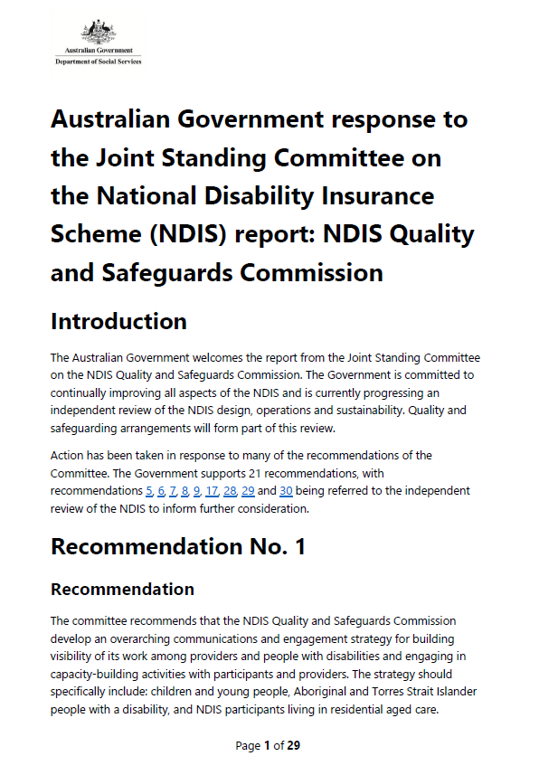 Government response to inquiry – Joint Standing Committee on the NDIS report: NDIS Quality and Safeguards Commission cover page