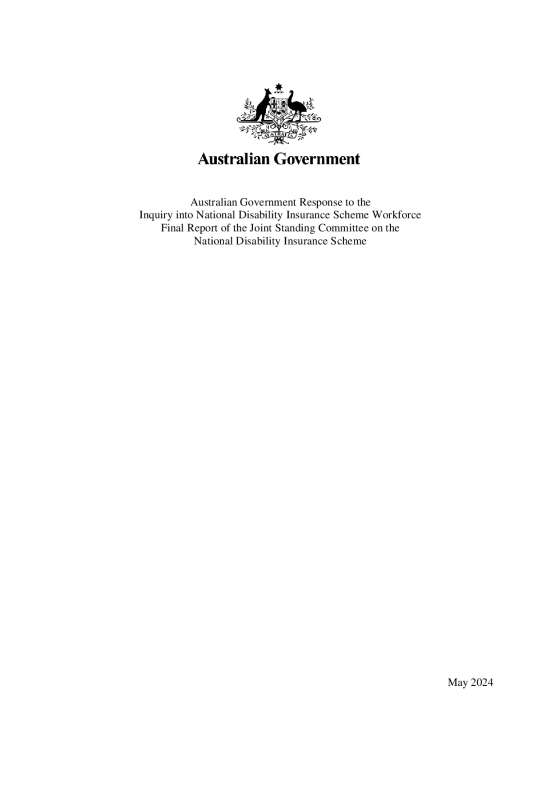 Government Response to the Joint Standing Committee on the National Disability Insurance Scheme's (NDIS) Inquiry into NDIS Workforce Final Report cover page