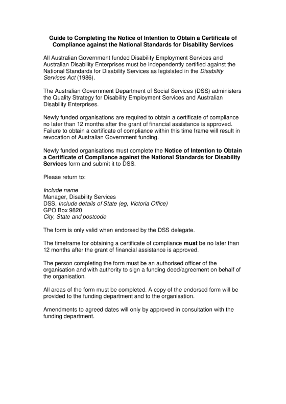 Guide to Completing the Notice of Intention to Obtain a Certificate of Compliance against the National Standards for Disability Services