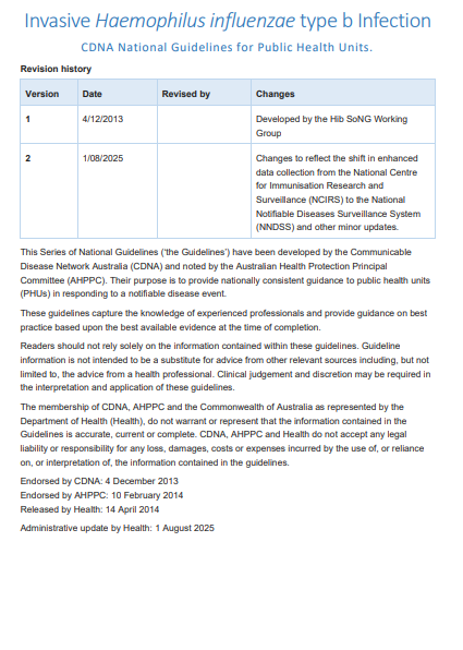 Cover page for the Haemophilus influenzae type b invasive infection