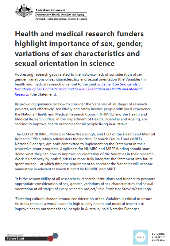 Cover page for Health and medical research funders highlight importance of sex, gender, variations of sex characteristics and sexual orientation in science