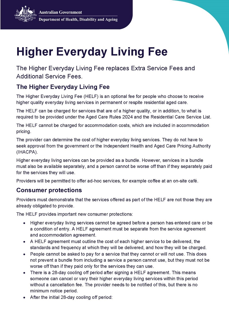 Higher Everyday Living Fee (HELF) fact sheet cover page