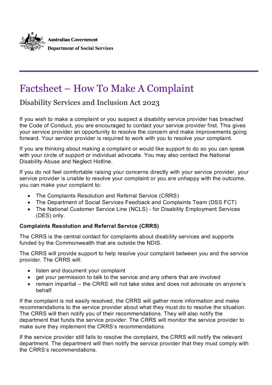How to make a complaint fact sheet cover page