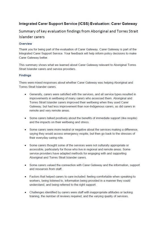 ICSS Evaluation: Carer Gateway Participant Results Summary from Aboriginal and/or Torres Strait Islander carers cover page