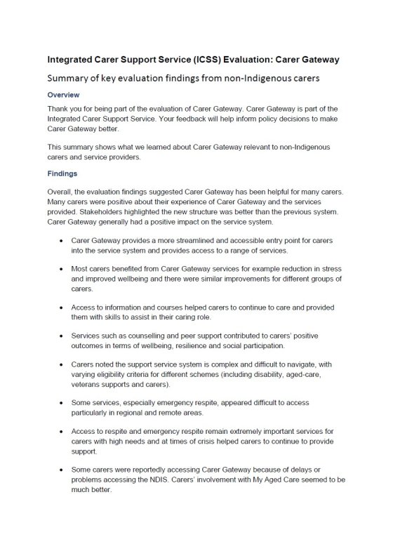ICSS Evaluation: Carer Gateway Participant Results Summary from non-Indigenous carers cover page