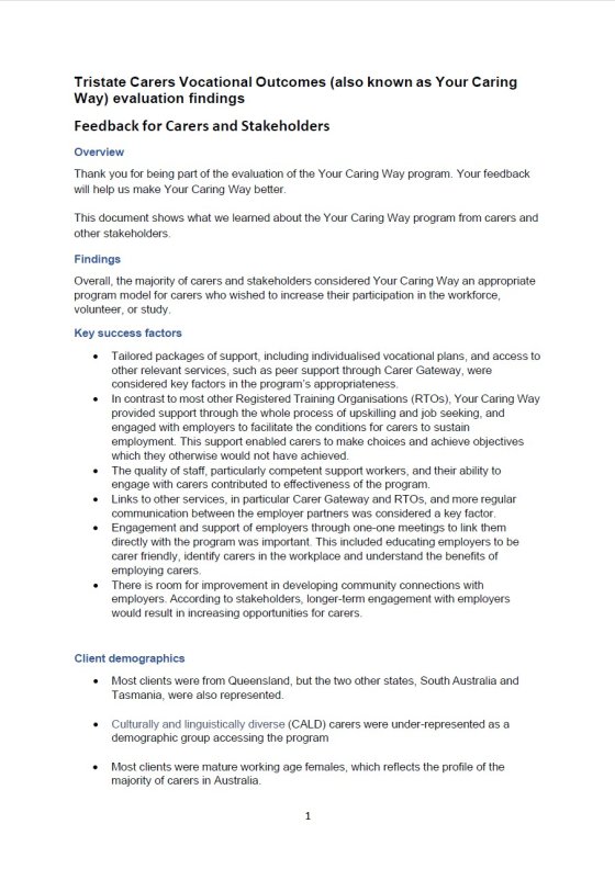 ICSS Evaluation: Tristate Carer Vocational Outcomes Pilot (Your Caring Way) Participant Results Summary cover page