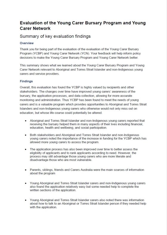ICSS Evaluation: Young Carer Bursary Program and Young Carer Network Participant Results Summary cover page
