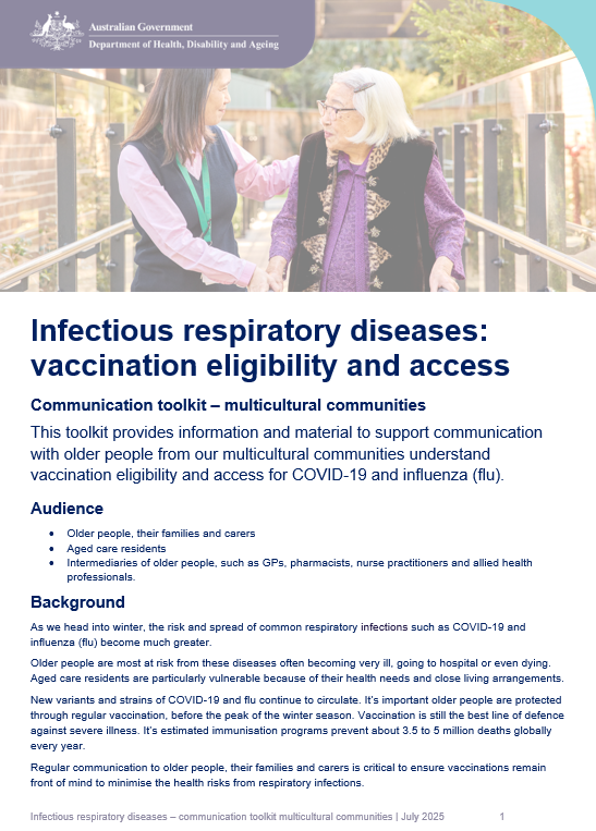 Infectious respiratory disease: prepare and prevent for older people for multicultural communities cover page