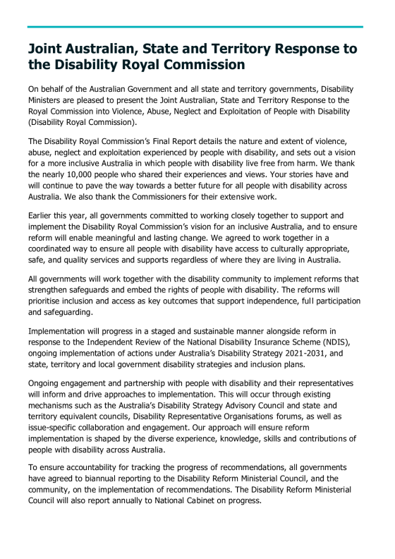 Joint Government Response to Disability Royal Commission Recommendations cover page