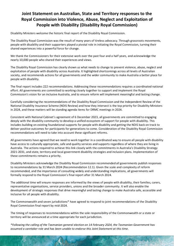 Cover page on the Joint Statement on Australian, State and Territory responses to the Royal Commission into Violence, Abuse, Neglect and Exploitation of People with Disabilit