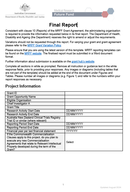 MRFF final report template – NHMRC-administered grants cover page