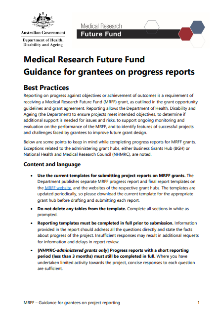 MRFF Guidance for grantees on progress reports – June 2025