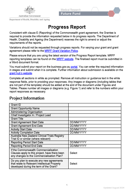 MRFF progress report template – BGH-administered grants cover page