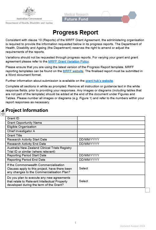 MRFF progress report template – NHMRC-administered grants cover page