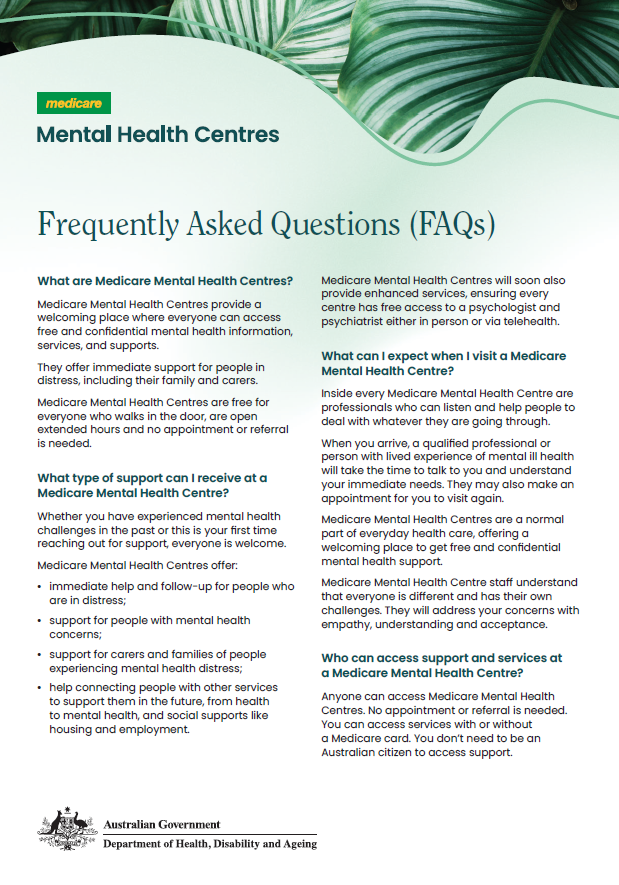 Medicare Mental Health Centres – Frequently asked questions cover page