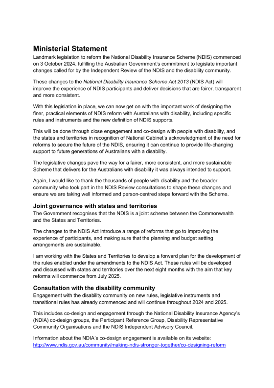 Ministerial Statement on proposed consultation for new NDIS rules cover page