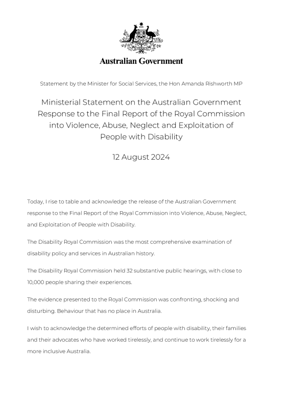 Ministerial Statement on the Australian Government Response to the Final Report of the Royal Commission into Violence, Abuse, Neglect and Exploitation of People with Disability cover page