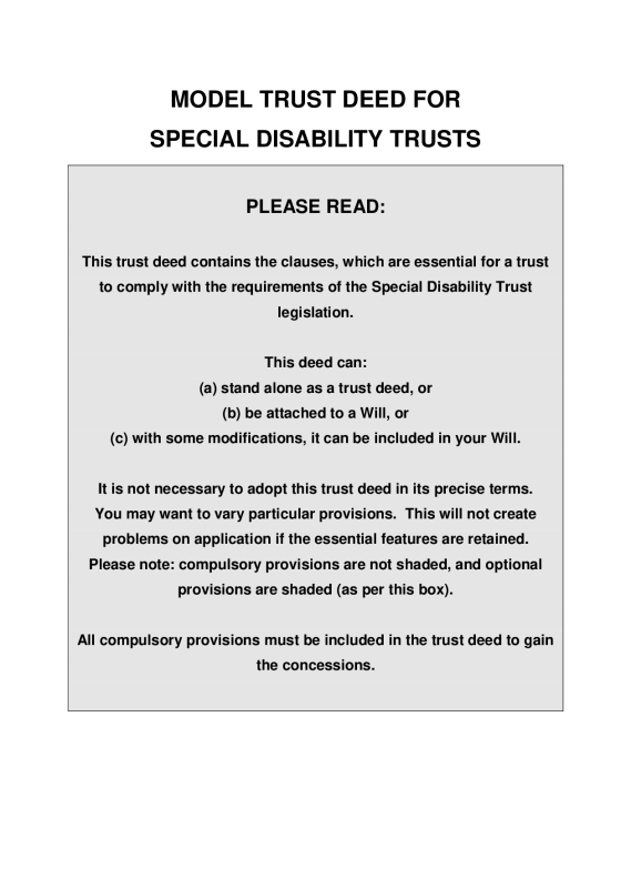 Model trust deed for special disability trusts cover page