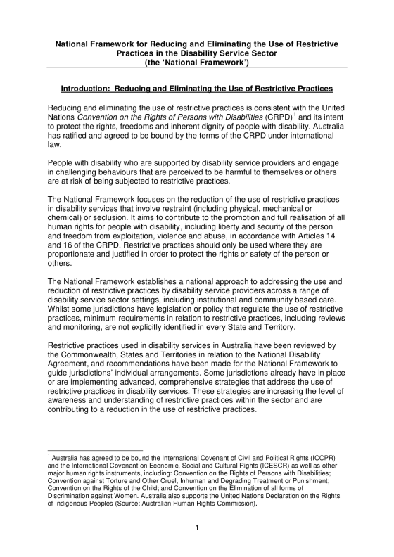 National Framework for Reducing and Eliminating the Use of Restrictive Practices in the Disability Service Sector cover page