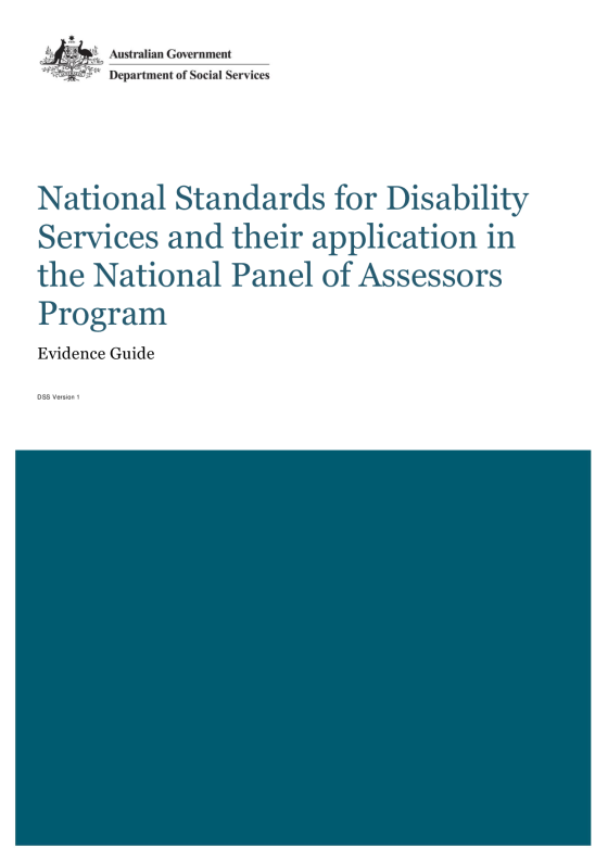 National Standards for Disability Services (NSDS) and their application in the National Panel of Assessors (NPA) Program – Evidence Guide cover page
