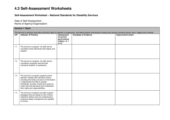 National Standards for Disability Services – Self Assessment Worksheets cover page
