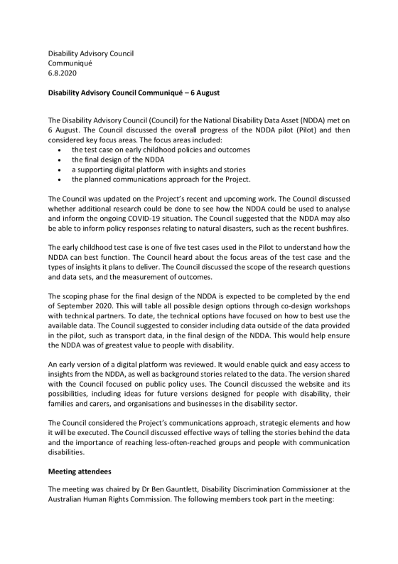 NDDA Disability Advisory Council meeting communiqué – August 2020