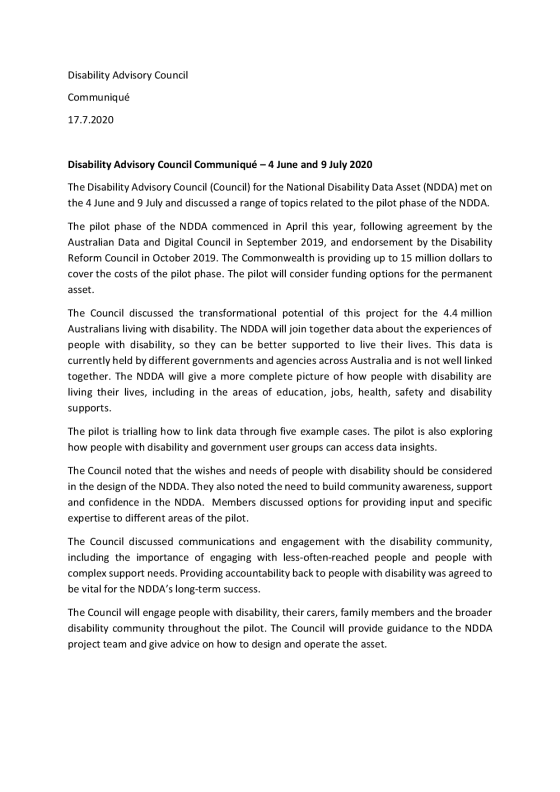 NDDA Disability Advisory Council meeting communiqué – July 2020