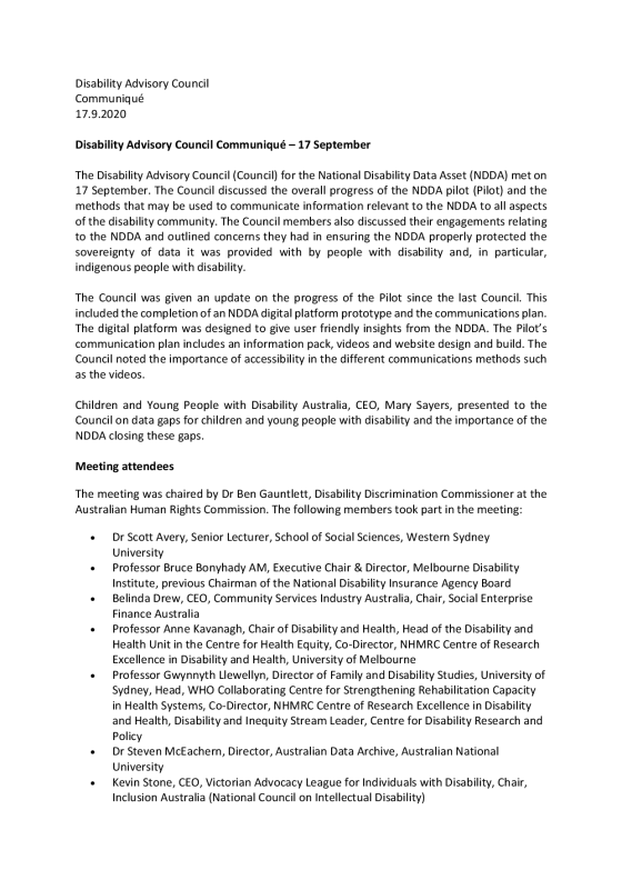 NDDA Disability Advisory Council meeting communiqué – September 2020 cover page
