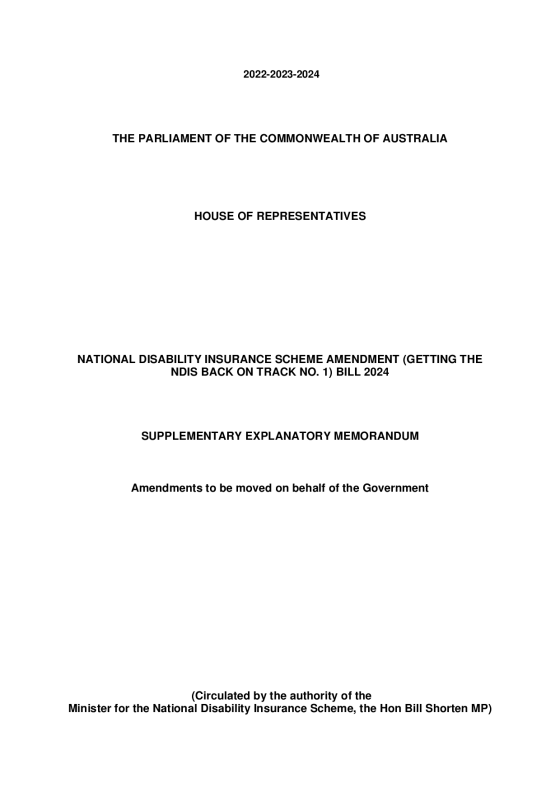 NDIS Amendment (Getting the NDIS back on track no.1) Bill 2024 – Supplementary Explanatory Memorandum cover page