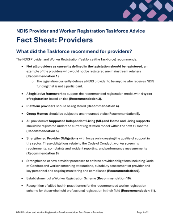 NDIS Provider and Worker Registration Taskforce Advice – Providers fact sheet