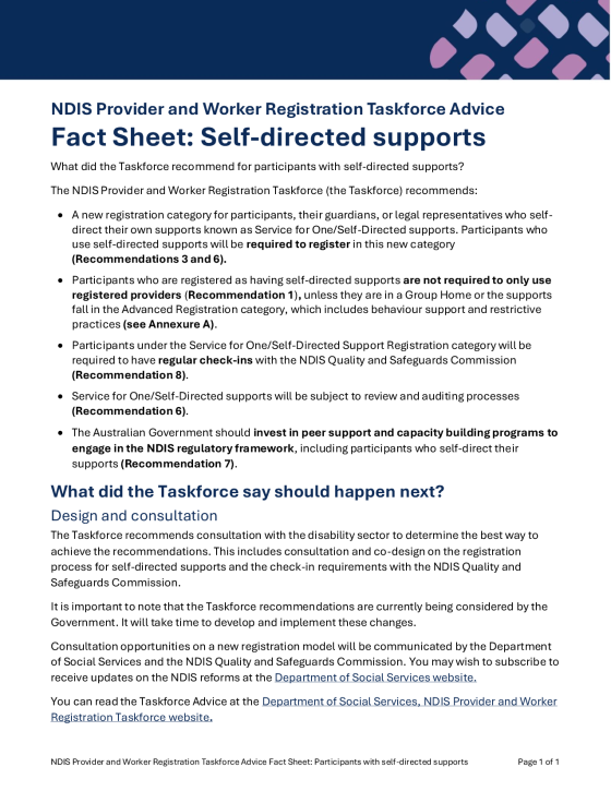 NDIS Provider and Worker Registration Taskforce Advice – Self directed supports fact sheet cover page