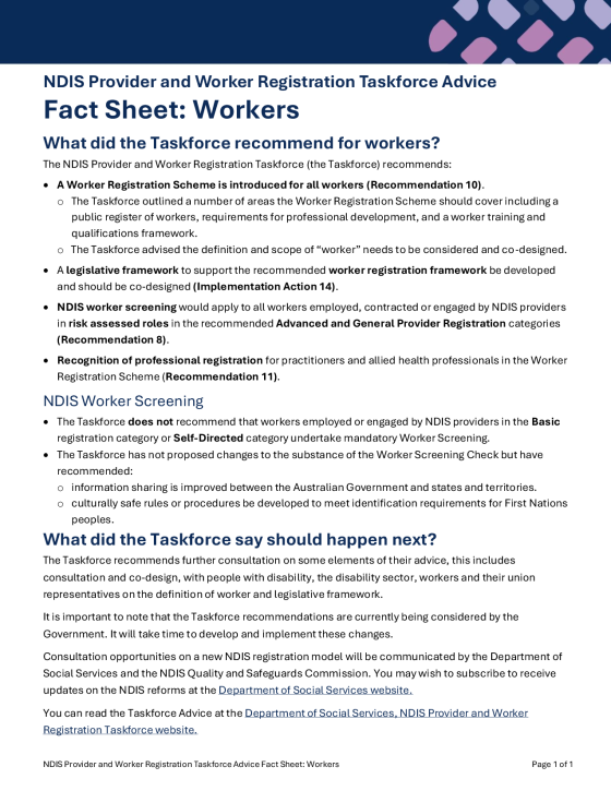 NDIS Provider and Worker Registration Taskforce Advice – Workers factsheet cover image