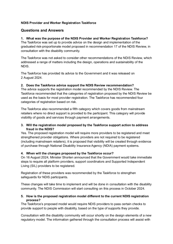 NDIS Provider and Worker Registration Taskforce – Questions and Answers cover page